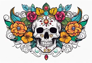 Floral chest piece with animal skull and gems tattoo idea