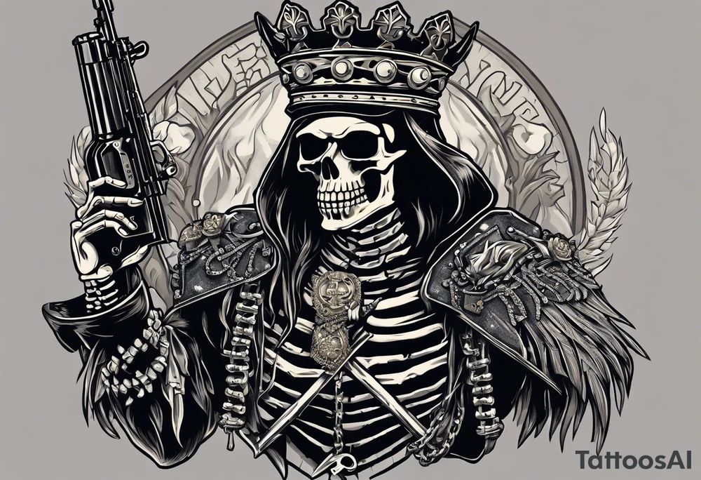 image of a skeleton standing frontally with a crown on his head, holding an AK-47 on his shoulder with his right hand. The chain on the left should be taut, there are three angry barking Dobermans in it, near the waist tattoo idea