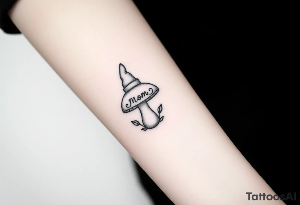 Mushroom with word mom on it with gnome on top tattoo idea