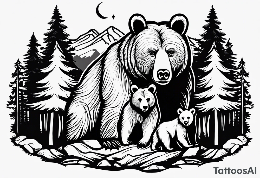 The tattoo shows a mother bear holding two bear cubs in her arms. A small bear cub and a larger bear cub. The bears are surrounded by fir trees and rocks. There is written „no matzer what i got your back“ above and under tattoo idea
