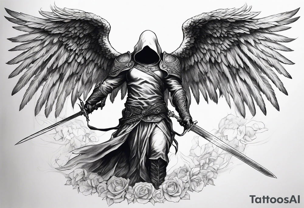 realistic angel of death, man, full body, no face visible, holding one sword, sword pointing downwards, both hands are holding the sword tattoo idea