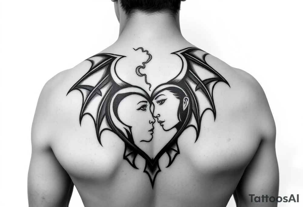 Man having heart broken buy demon women dark evil tattoo idea