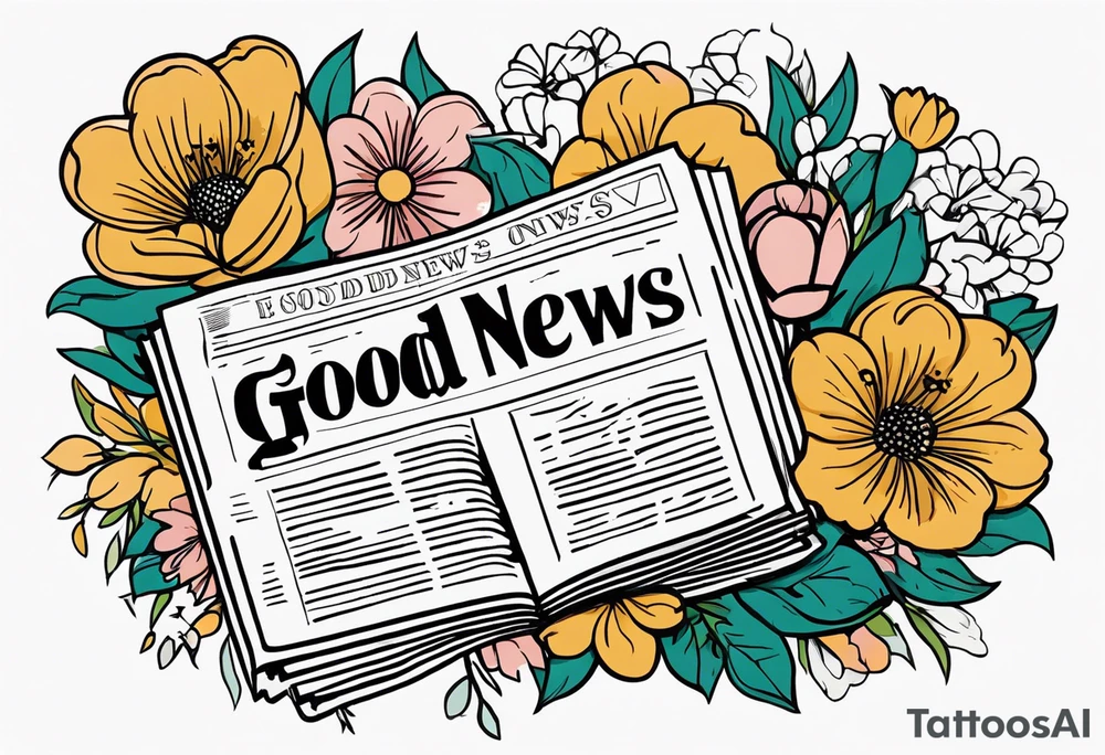 newspaper with words "good news" surrounded by flowers tattoo idea