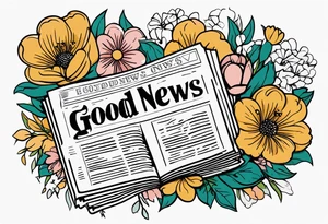 newspaper with words "good news" surrounded by flowers tattoo idea