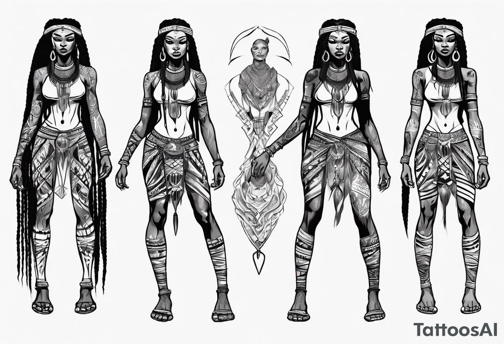 African female Valkyre full body 
slim long face small mouth long braided hair tattoo idea