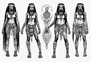 African female Valkyre full body 
slim long face small mouth long braided hair tattoo idea