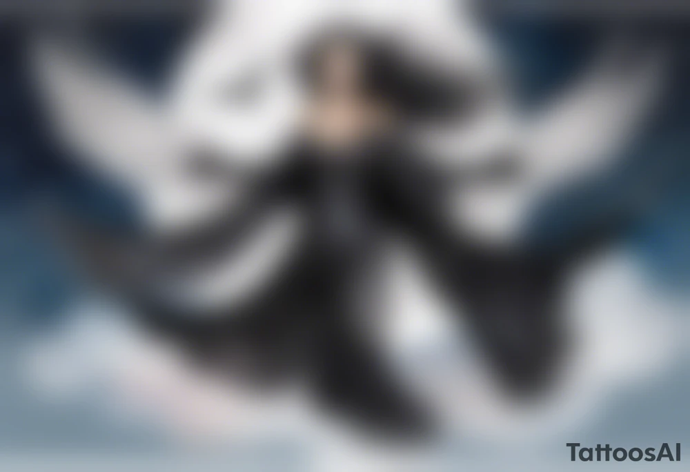 a beautiful 45 year old woman flying in the night sky with black wings, wearing a black cloak and gloves, bare feet tattoo idea