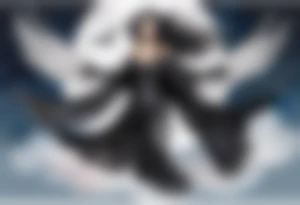 a beautiful 45 year old woman flying in the night sky with black wings, wearing a black cloak and gloves, bare feet tattoo idea