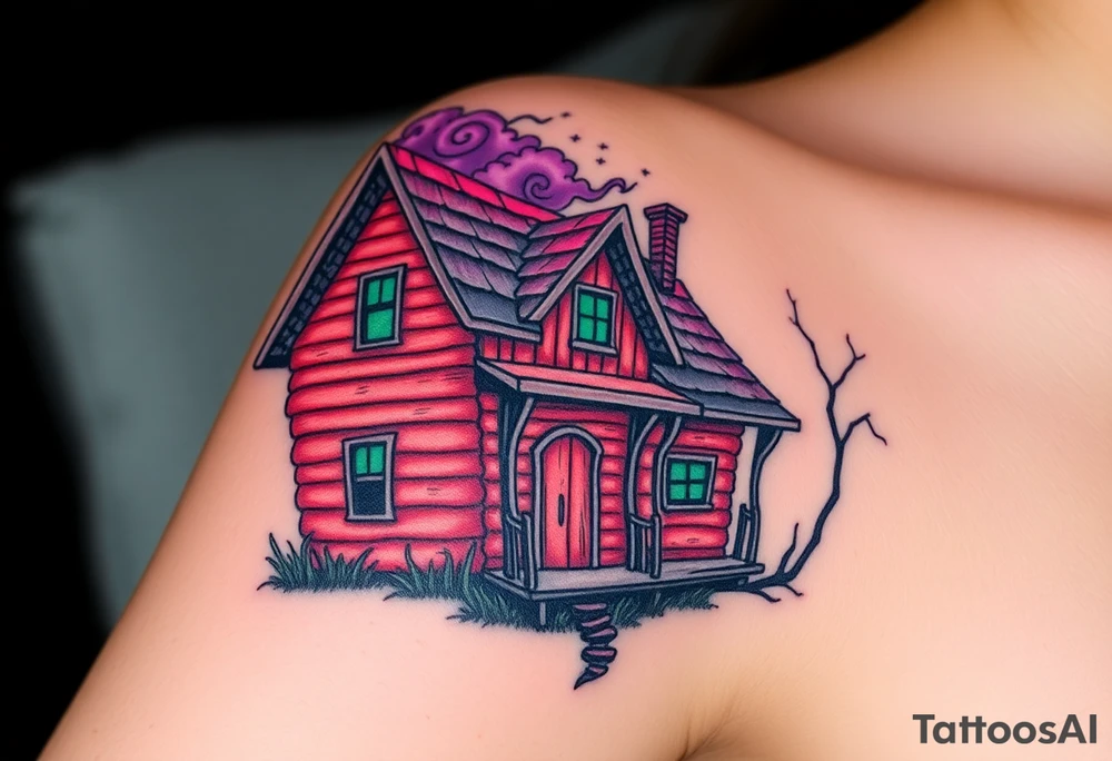 Tim Burton’s haunted pastel wood cabin home is abandoned and dripping with muted reds, dusty pinks, and eerie green glow.purple and cyan smokey clouds swirl in the crescent moonlit sky thats sprinkled with stars tattoo idea tattoo idea