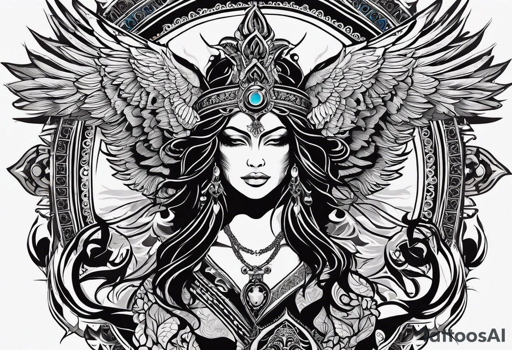 black kali, goddess pirate, alien, angel, pachamama, valkrye, warrior, flying, skull, lotus azul, wing, eagle, zenza resonance, stars, 5D, anahata chakra, death, durga, riding on a tiger, flying lady tattoo idea