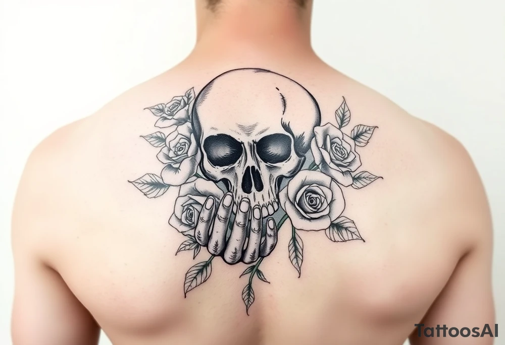 skull, hand roses tattoo idea