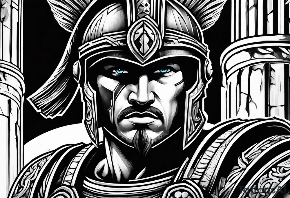 Close up of spartan solider looking left at Ancient pillars tattoo idea