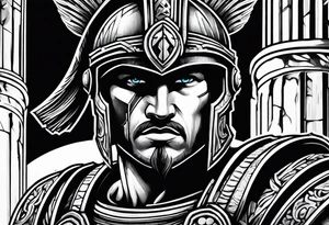 Close up of spartan solider looking left at Ancient pillars tattoo idea