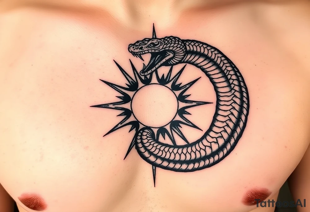 4. Apofis devorando la luz
Serpiente gigante (Apofis) enrollada en espiral, mordiendo un sol fracturado.

Podrías ubicar la espiral alrededor del pezón o el corazón, y las grietas del sol cruzar el pecho. tattoo idea