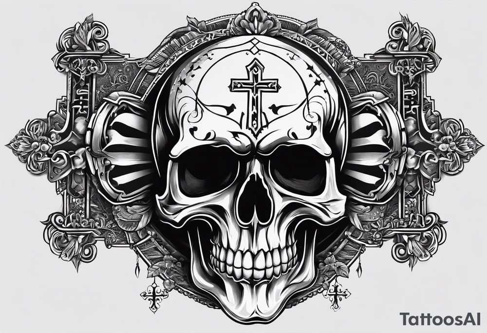 Big Skull with fangs , three crosses, words saying “A Sound Soul Dwells Within A Sound Mind and Sound Body” tattoo idea