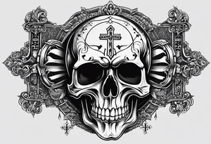 Big Skull with fangs , three crosses, words saying “A Sound Soul Dwells Within A Sound Mind and Sound Body” tattoo idea