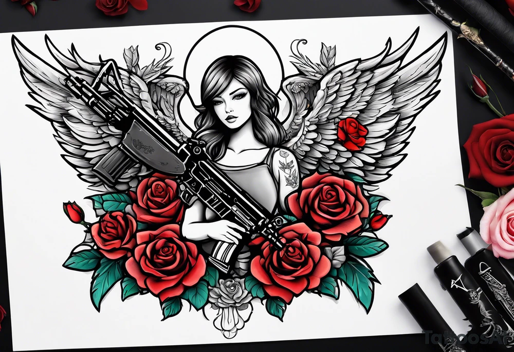 Beautiful angle standing from head to toe with wings and tattoos surrounded by roses holding a ak 47 tattoo idea