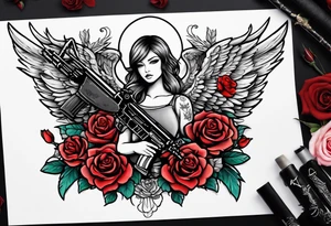 Beautiful angle standing from head to toe with wings and tattoos surrounded by roses holding a ak 47 tattoo idea