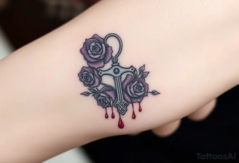 A silver Ankh wrapped in deep purple roses, with drops of blood-red ink dripping from its base, evoking gothic romance and eternal love. tattoo idea