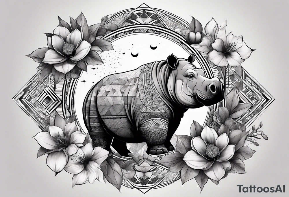 Very asymmetrical, +geometric pattern, with realistic full moon, with hippo,+tribal, +geometric, +inkart , +blackwork, +grey scale, + sketch
with wintersweet flower bud, +inkart touch, +for men, detailed , combined favourite , tattoo idea