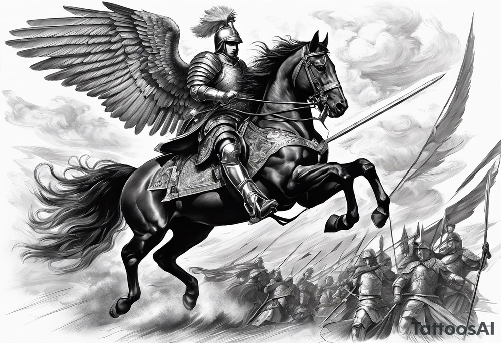 **Main Theme**: A Hussar on horseback in full armor, dynamically portrayed in the middle of a charge. The Hussar's wings are clearly visible, adding dynamics to the composition.
   - Archangel Michael positioned in the background, with a raised sword ready for battle, armed with a shield.
   - The Hussar is holding a banner showcasing the White Eagle.
   - Elements of the Arch tattoo idea