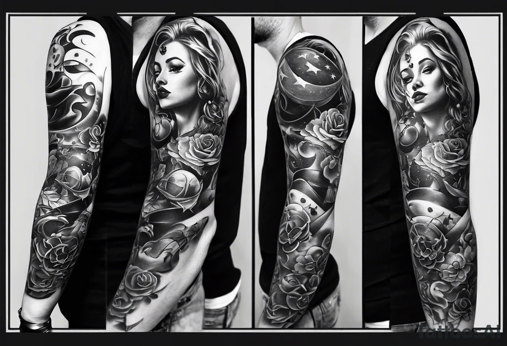 A well balanced tattoo full left arm with the following images: a bass guitar, 2 stars, 1  quarter moon, a caduceus symbol and a mickey mouse tattoo idea