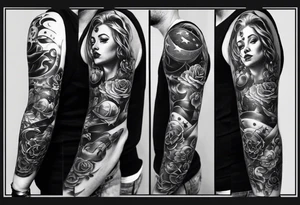 A well balanced tattoo full left arm with the following images: a bass guitar, 2 stars, 1  quarter moon, a caduceus symbol and a mickey mouse tattoo idea