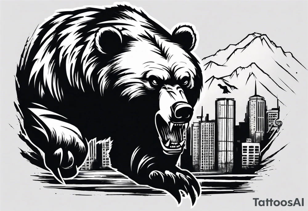 Angry bear coming up behind a city tattoo idea