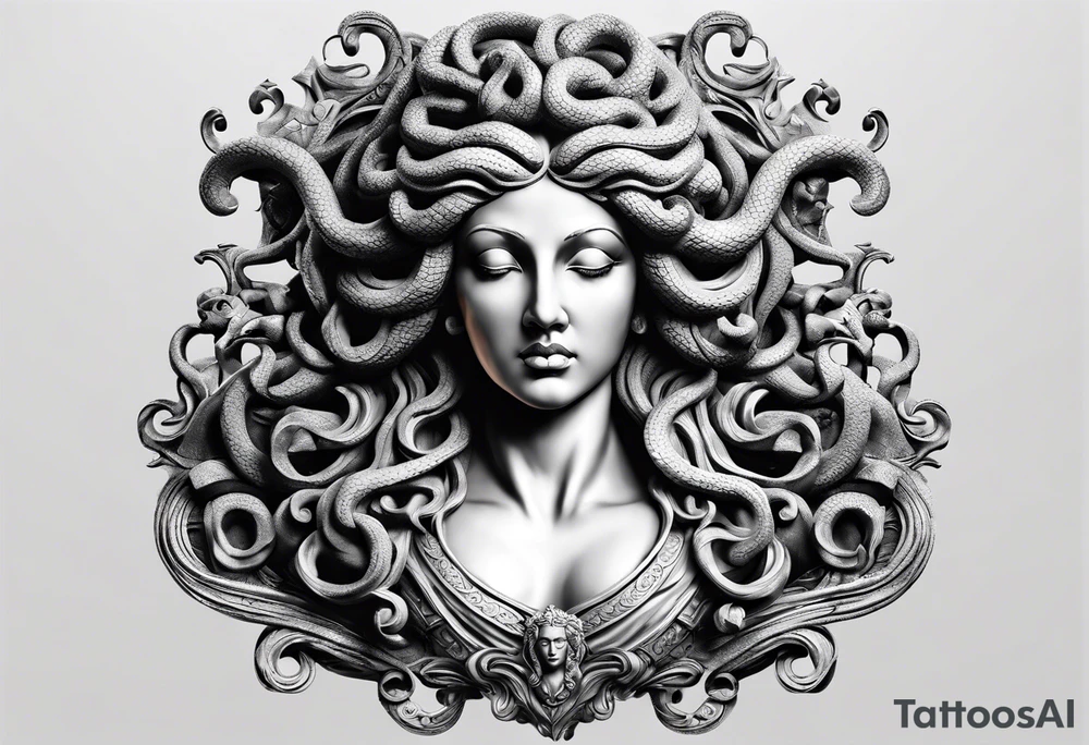 medusa sculpture bust with a blank stare and cracks in the sculpture tattoo idea