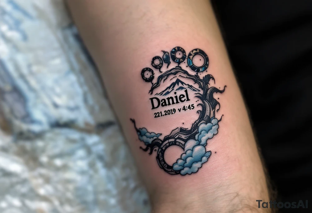 Tiny footprint with the name "Daniel" and 23.1.2019 v 4:45, surrounded by gray and light blue clouds. tattoo idea