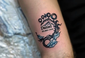 Tiny footprint with the name "Daniel" and 23.1.2019 v 4:45, surrounded by gray and light blue clouds. tattoo idea