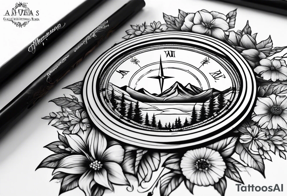 Compass mountains flowers tattoo idea