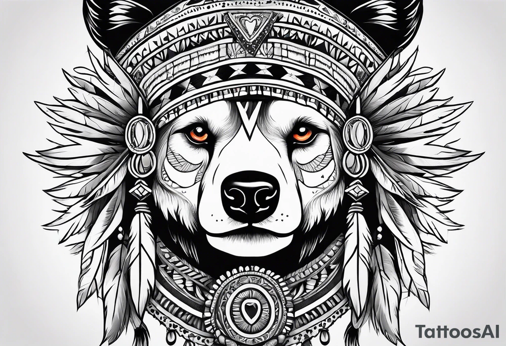 Native style bear pelt with woman and traditional headdress tattoo idea