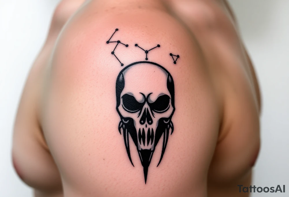 A starry sky with constellations forming the shape of a Death Eater mask, subtly blending darkness and destiny tattoo idea