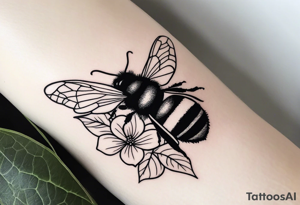 3 in by 2 in minimalist tattoo for forearm of a Hydrangea and bee tattoo idea