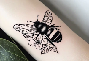 3 in by 2 in minimalist tattoo for forearm of a Hydrangea and bee tattoo idea