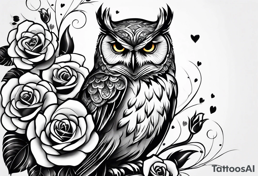 An owl, a rose, a paw print tattoo idea