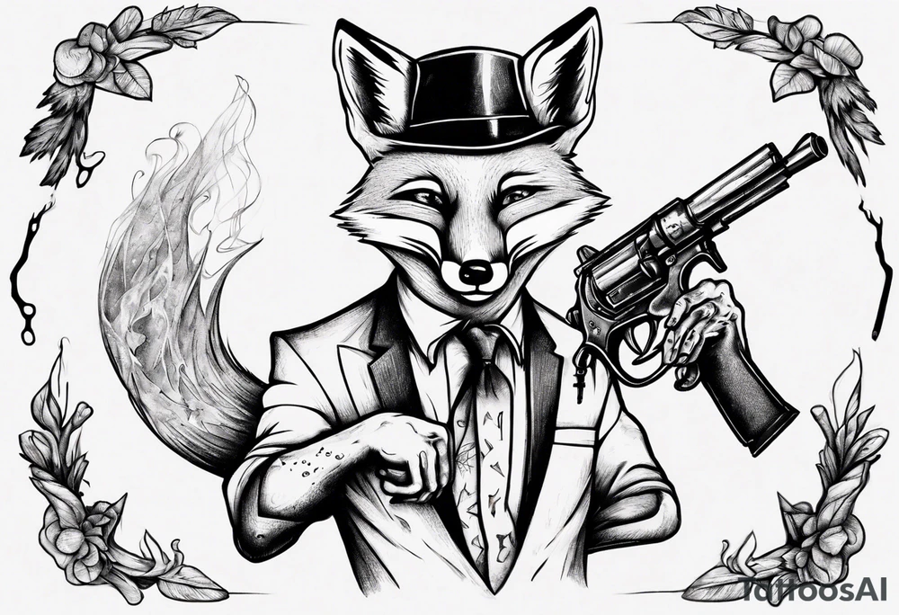 a fox holding a gun and smoking a coggarte tattoo idea