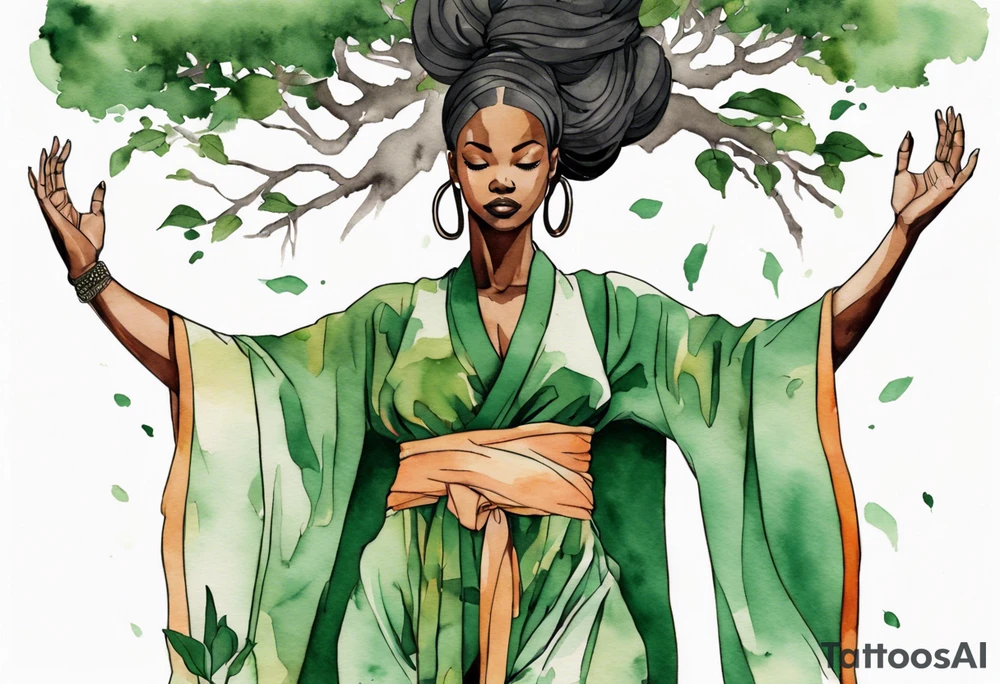 a black woman wearing a green tunic with the lower-half of a tree, her arms raised towards the sun, with tree roots for legs tattoo idea