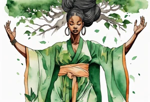 a black woman wearing a green tunic with the lower-half of a tree, her arms raised towards the sun, with tree roots for legs tattoo idea