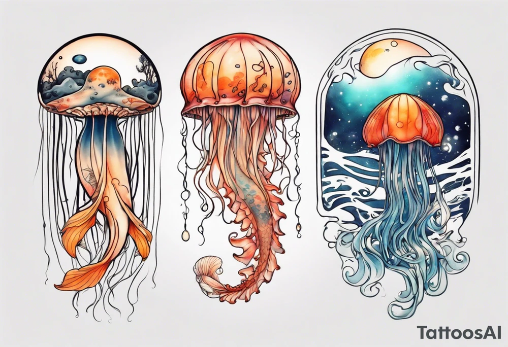 1 jellyfish with the moon in the lid. Then with koi carp swimming amongst the tentacles tattoo idea