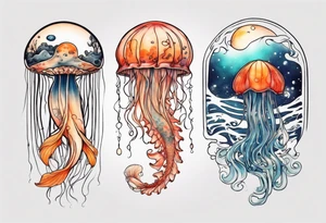 1 jellyfish with the moon in the lid. Then with koi carp swimming amongst the tentacles tattoo idea