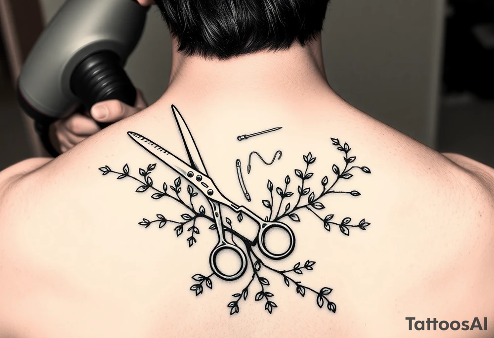 shears with a comb, blow-dryer. then groups of bobby pins randomly placed. with vines weaving thorughout tattoo idea