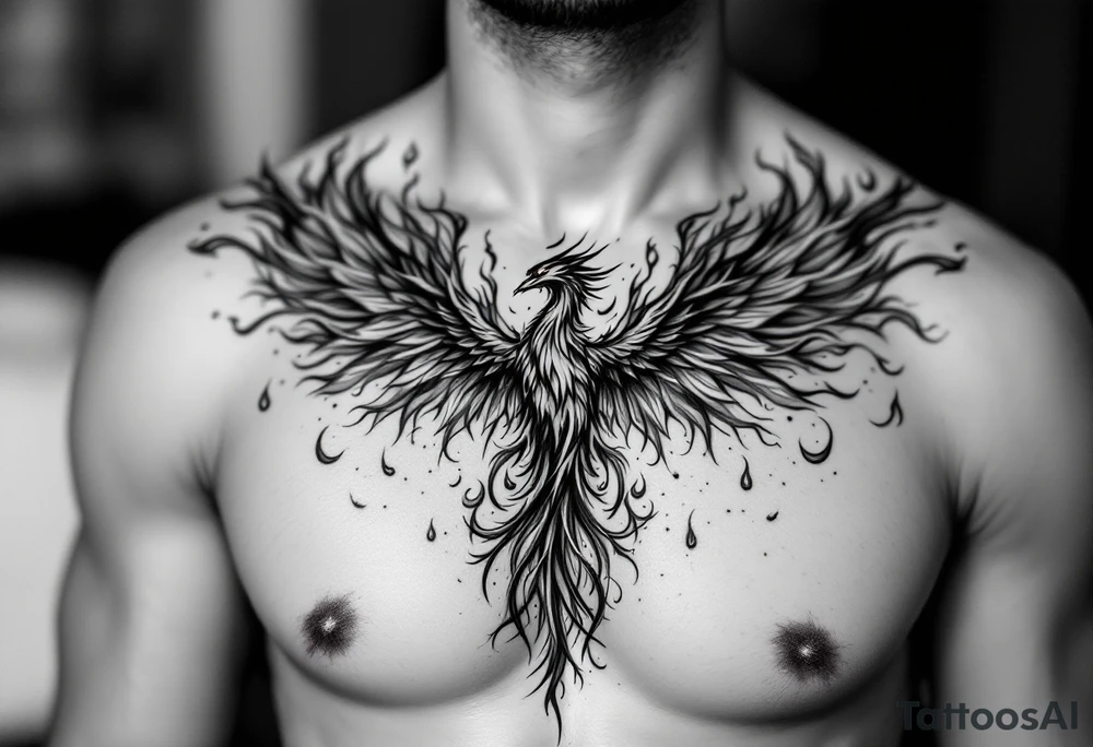 Realistic and symmetrical flaming Phoenix rebirth with spread low wings surrounded by fire mapped onto chest
Phoenix head must be in the middle of the chest, straight and symmetrical 
Fire should be surrounding spread wings
Wings should be spread low only on chest muscle tattoo idea