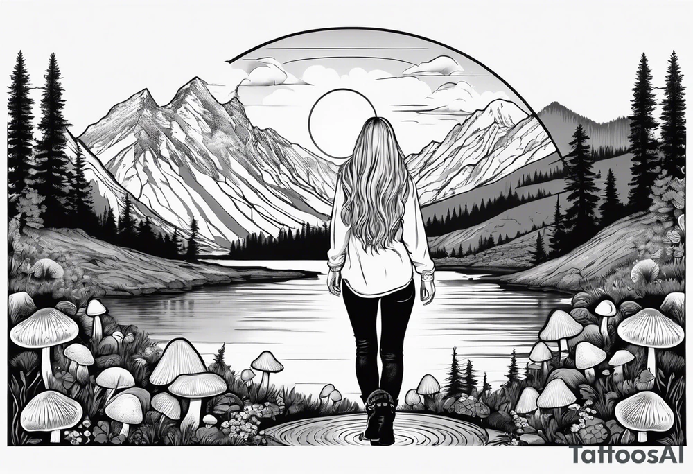 Whole picture encircled fully

Straight long blonde hair hippie girl in distance holding mushrooms in hand facing away toward mountains and creek surrounded by mushrooms long sleeve shirt and hiking pants; whole rendering within a full circle, no cut off circle tattoo idea