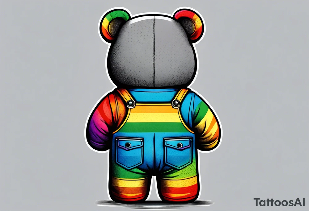 the back of a grey teddy bear standing in rainbow overalls, no shirt and striped boots tattoo idea
