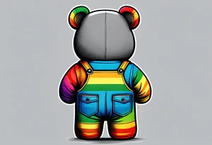 the back of a grey teddy bear standing in rainbow overalls, no shirt and striped boots tattoo idea