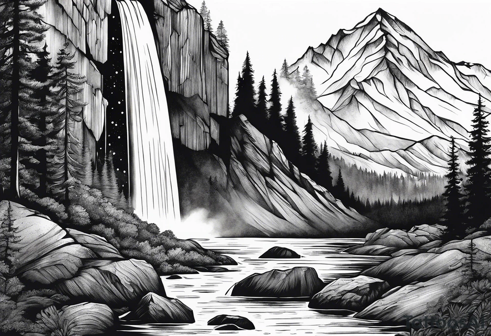 mountains, nature, stars, cross, waterfall, water tattoo idea