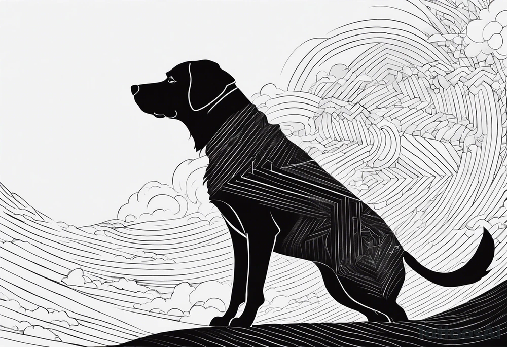 dog in the sky facing woman and trying to reach her hand and woman as her back facing us tattoo idea