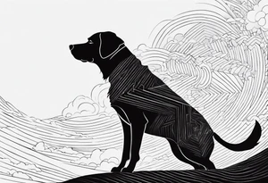 dog in the sky facing woman and trying to reach her hand and woman as her back facing us tattoo idea